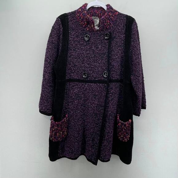Curio Purple Black Peacoat Style Wrap Button Front Sweater Jacket - Picture 1 of 8